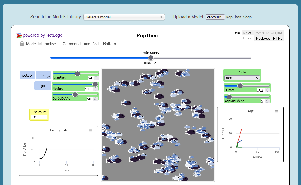 Screenshot of the fishing quota model in the NetLogo web console