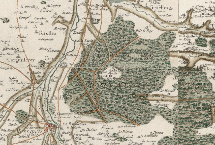 Extrait de la carte de Cassini montrant la forêt de Montargis, XVIIIe siècle