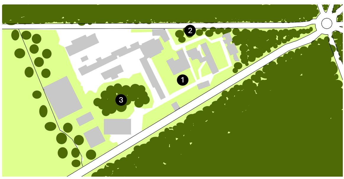Plan du LEF avec l'emplacement des trois placettes d'étude, numérotées 1, 2 et 3